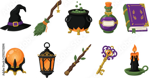 Collection of Halloween witchcraft and magic vector illustrations featuring a witch hat, cauldron, potion, and spellbook