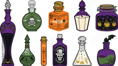 Принти на полотні Spooky Halloween magic potion bottle vector illustration set with witch elixir a