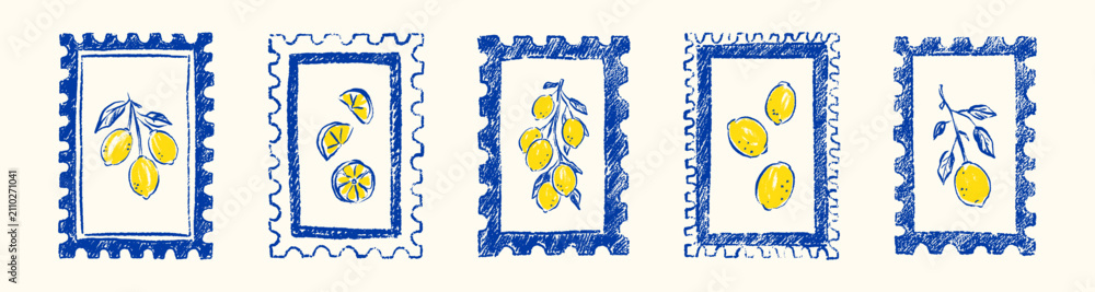 Obraz premium Hand drawn crayon doodle summer lemon postage stamp with lemon fruit branch, slice, leaves. Mediterranean Italian chalk drawing rectangle frame. Amalfi sketch postcard. Coastal boarder. Wedding border
