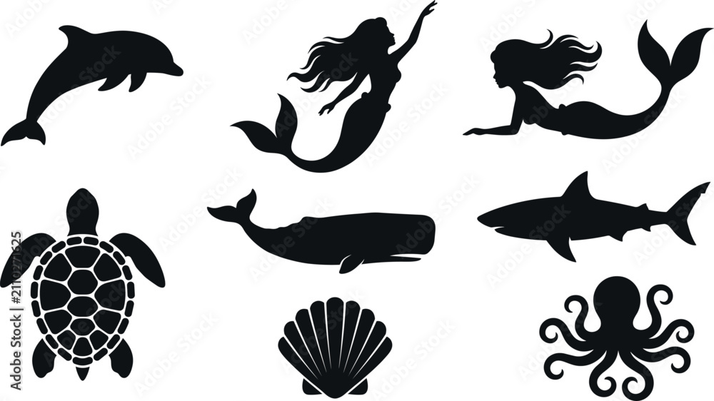 Obraz premium Mermaid and Marine Life Vector Silhouette Set Including Dolphin Turtle Whale Shark Octopus and Seashell
