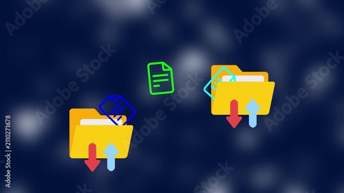 Seamless animated file transfer, Digital file transfer concept with yellow folders and flying documents background