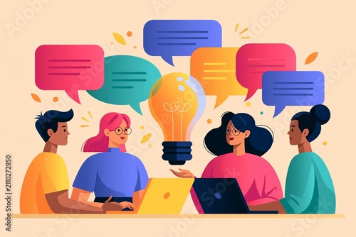 Collaborative team discussion with creative thinking