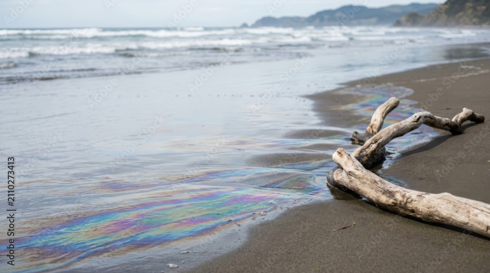 Obraz premium Iridescent oil film on wet sand with driftwood, showing environmental contamination on a beach