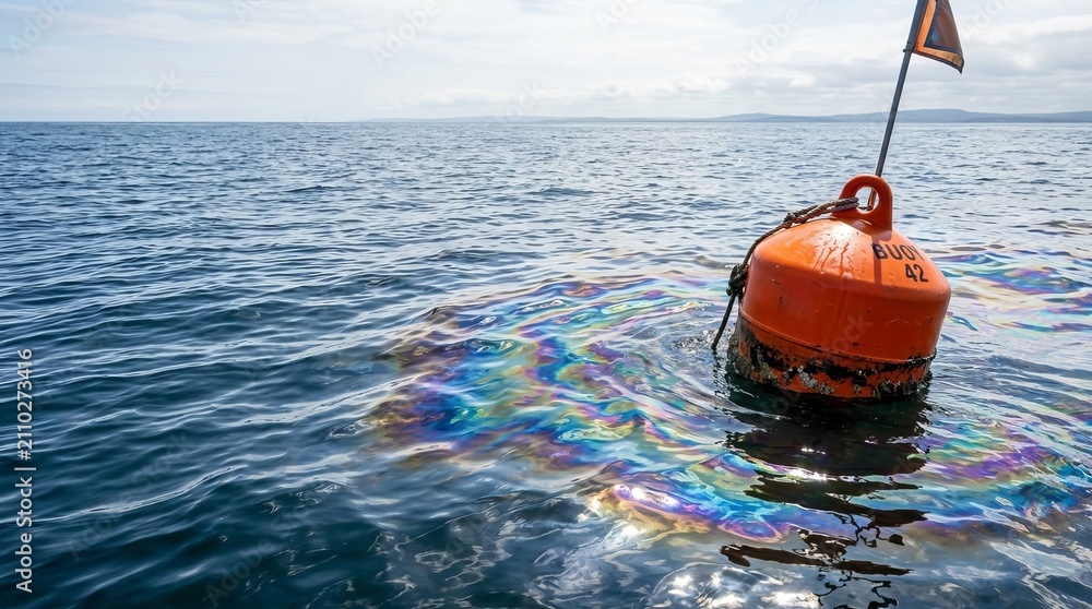 Obraz premium Iridescent oil slick surrounds orange buoy on ocean surface, environmental pollution concept with copy space