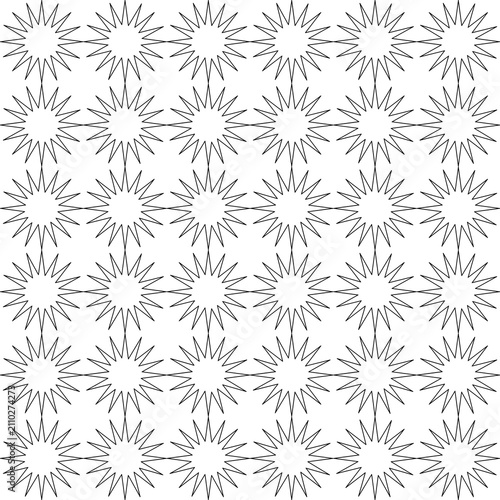 Black Starburst Line Art Seamless Pattern, Abstract Geometric Star Vector Background