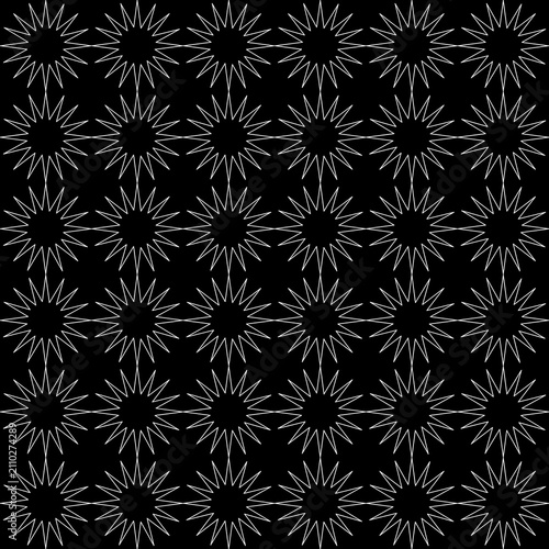 White Starburst Line Art Seamless Pattern on Black, Geometric Star Vector Background