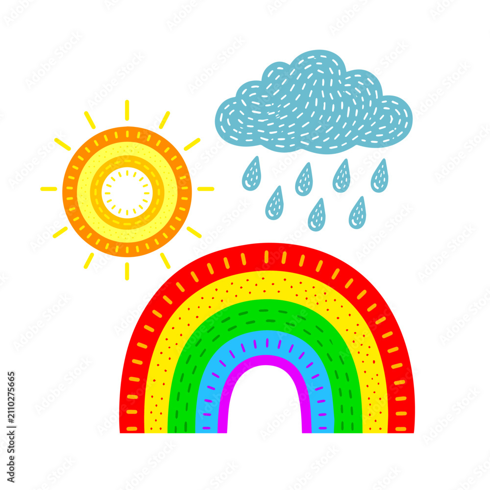 Obraz premium children's rainbow cloud and sun. Hand drawn. Not AI, vector illustration.