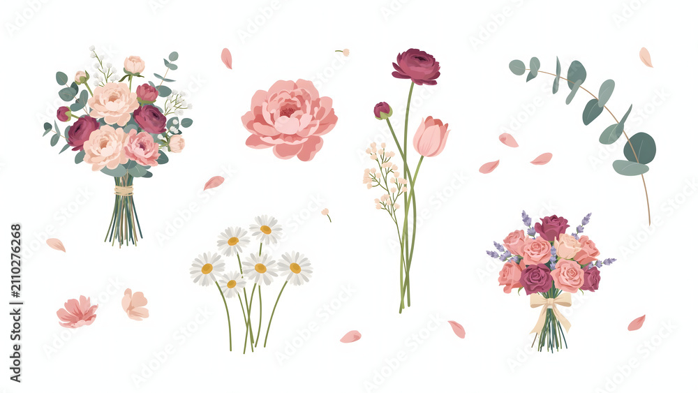 Obraz premium Collection of pink roses, daisies, and floral bouquets isolated on a transparent background