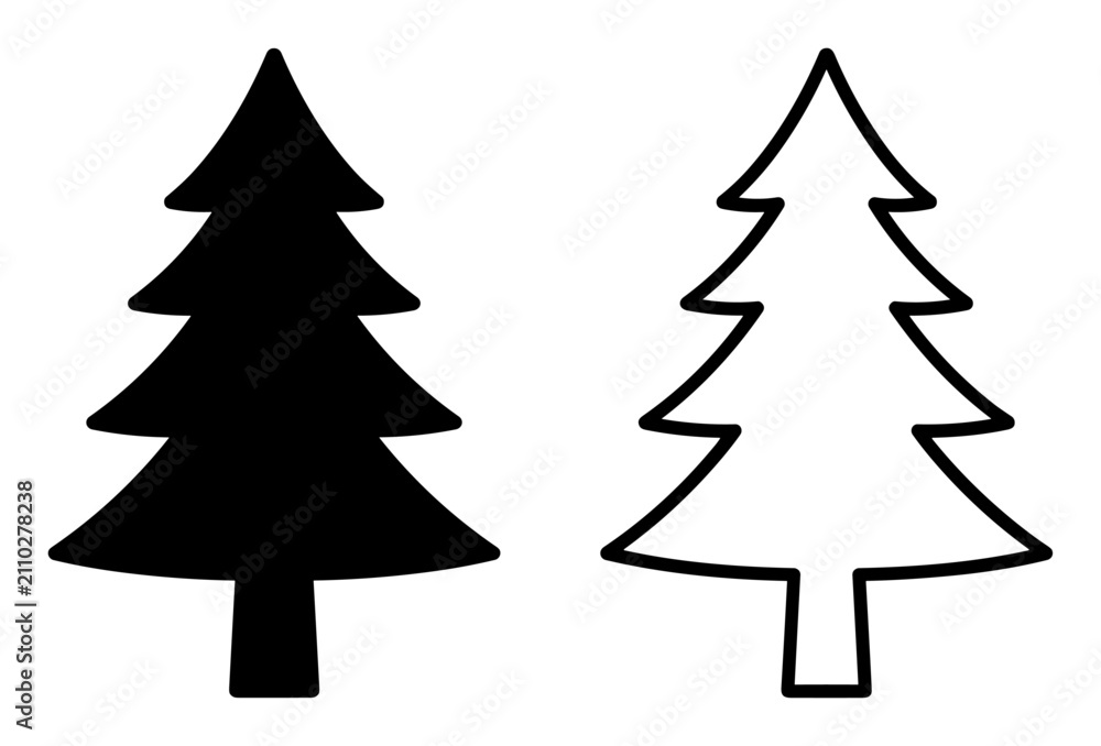 Obraz premium Black and white outline silhouette of two pine trees with a simple design on transparent background