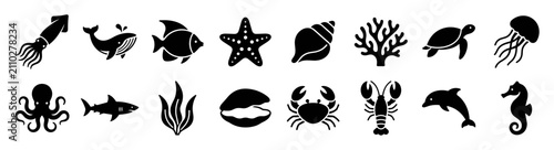 Photography Set of black silhouette marine animals and sea elements icons including squid, w