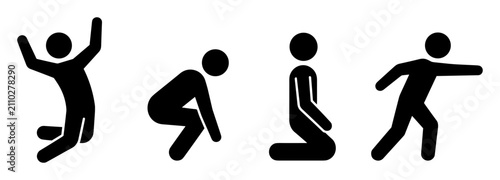 Various human pictogram silhouettes in different poses including jumping, crouching, kneeling, and pointing on transparent background