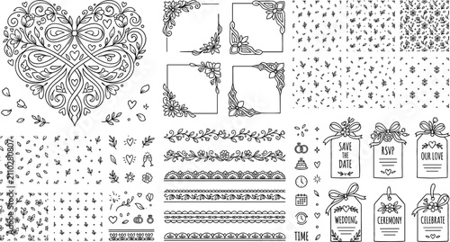 Valentine and Wedding Ornament Set with Decorative Heart Mandala, Seamless Patterns, Borders, and Love Themed Gift Tags