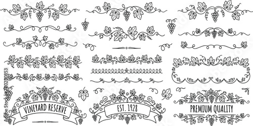 Vintage Grapevine Border and Divider Set with Hand Drawn Grape Bunch Ornaments, Vineyard Reserve Banners, and Premium Quality Wine Labels