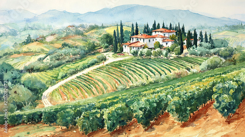 Peaceful tuscan countryside with vineyards cypress trees and rustic farmhouse