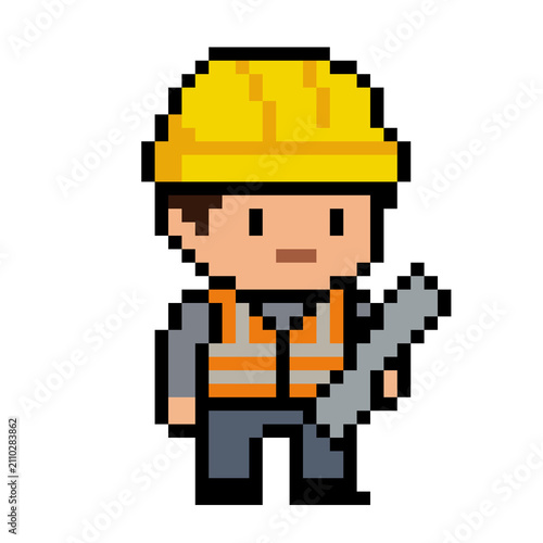 8 bit Pixel Art Male Construction Worker with Yellow Hard Hat, Safety Vest, and Blueprint
