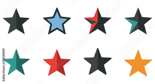 Collection of colorful geometric five pointed stars against a white background