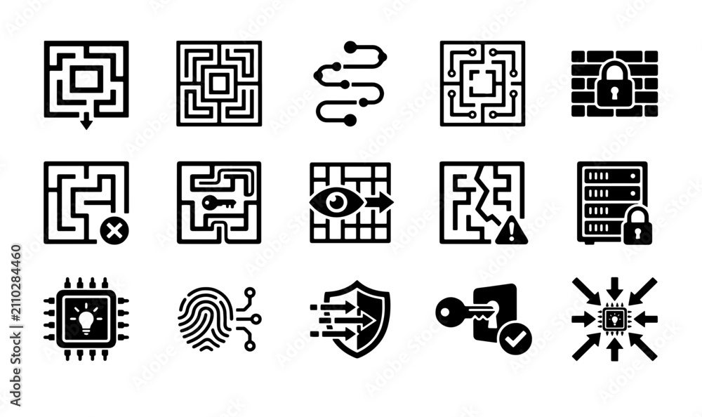 Fototapeta premium Cybersecurity and data protection icons, 15 black vector maze and encryption symbols, network security and digital privacy glyph set