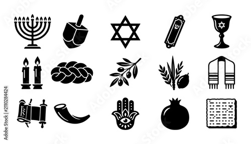 Jewish religious icons set, 15 black silhouette judaism symbols, hanukkah and passover holiday elements, traditional hebrew ritual objects vector