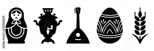 Foto Traditional Slavic cultural icons set, black matryoshka doll and samovar silhoue