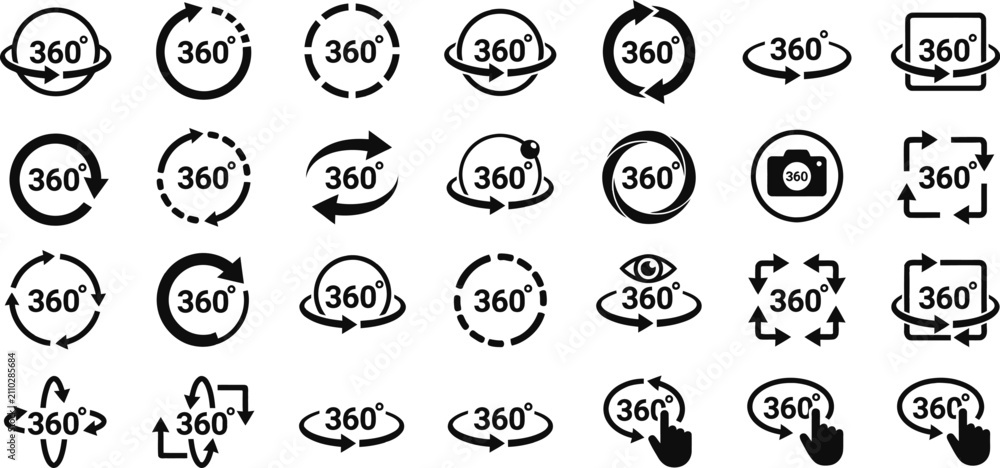 Fototapeta premium 360 degree view vector icon set, black rotational arrows, virtual reality panoramic camera, and 3d rotation collection