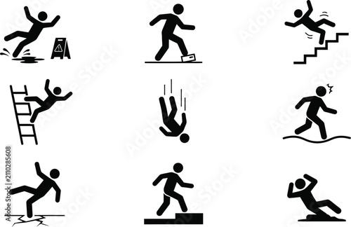 Cuadro en lienzo Slips trips and falls hazard pictogram vector icon set, black wet floor, ladder