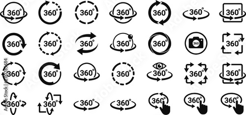 Quadro su tela 360 degree view vector icon set, black rotational arrows, virtual reality panora