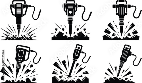 Obraz na płótnie Jackhammer silhouette icons set, pneumatic drill breaking ground vector illustra