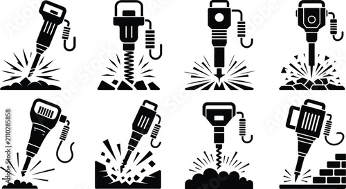 Fotografía Jackhammer silhouette icons set, pneumatic drill breaking ground vector illustra