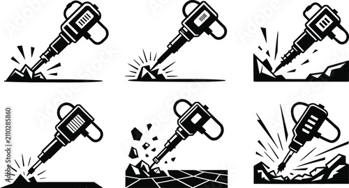 Canvastavla Jackhammer silhouette icons set, pneumatic drill breaking ground vector illustra