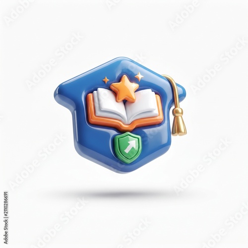 3D educational gamification icon with glowing book and emerald gem. Interactive digital learning badge for e-learning platforms and apps.