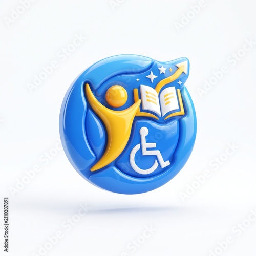 Accessible education technology icon with student using digital tablet. Inclusive learning symbol featuring disability-friendly e-learning design.