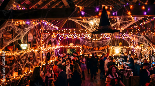 Halloween party guests gather inside a decorated rustic barn filled with glowing orange lights and artificial spider webs to celebrate the festive autumn holiday together.