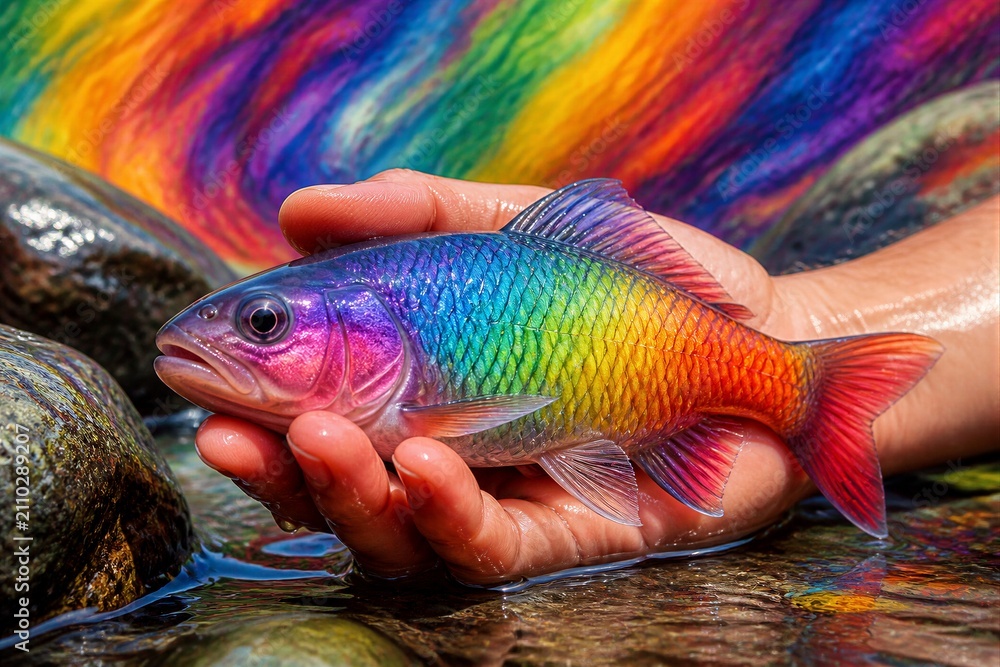 Obraz premium Rainbow fish held in hand over shallow rocky stream