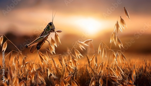 Wild Oats Field At Sunset With Grasshopper On Stalk In Nature