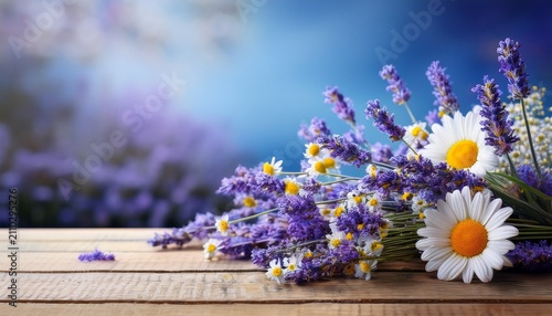 Lavender And Chamomile Flower Bouquet Lying On A Rustic Wooden Table With Soft Blue Background