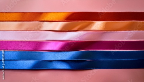 Close Up Shot Of Assorted Colorful Ribbons Arranged Horizontally On A Pink Background With A Shallow Depth Of Field
