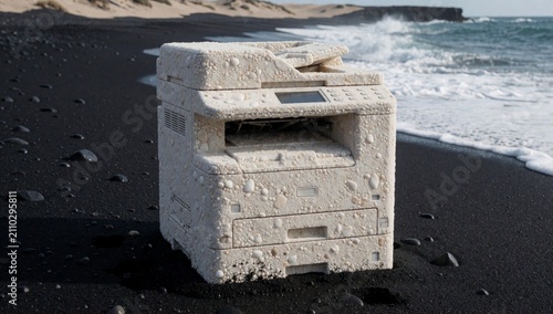 Old dilapidated printer black sand beach made concrete appears state disrepair peeling paint crumbling walls s