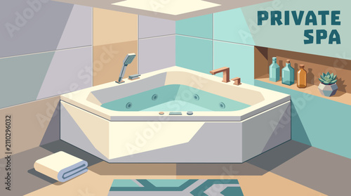 Canvastavla Modern whirlpool bathtub installed in elegant corner bathroom, luxurious spa experience, stylish residential interior, realistic vector illustration, premium background, contemporary comfort