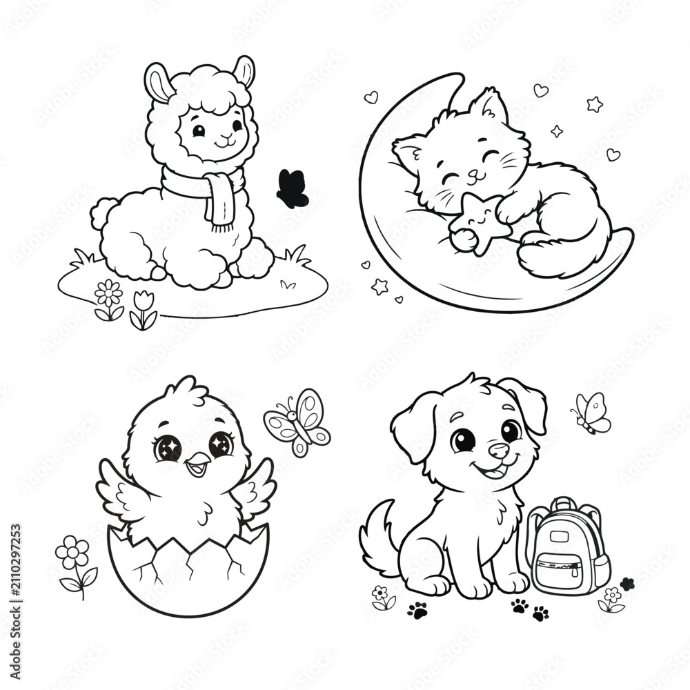 Fototapeta premium Cute Baby Animals and Cozy Pets Coloring Pages, Kawaii Cat and Puppy Line Art Bundle