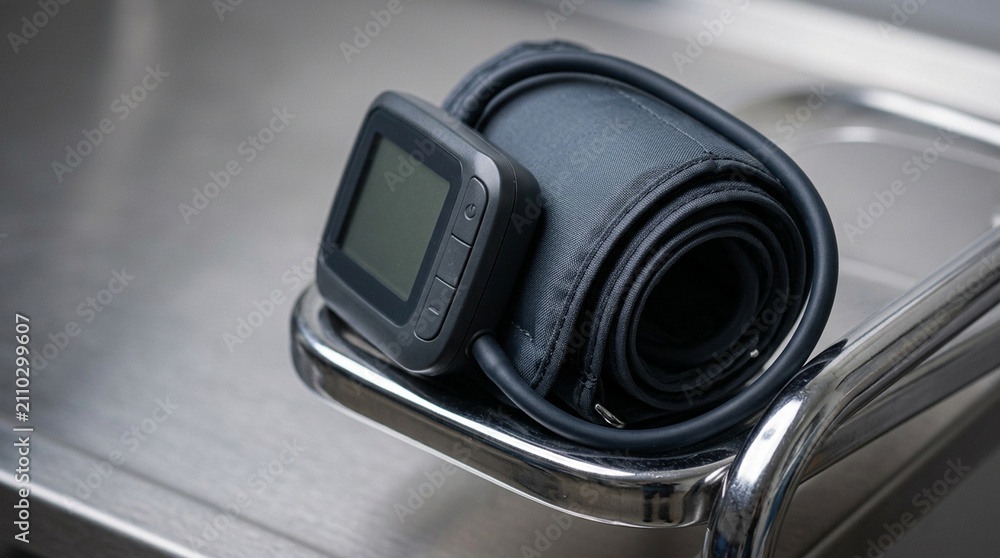 Obraz premium Digital Blood Pressure Cuff Coiled Neatly on a Chrome Equipment Stand
