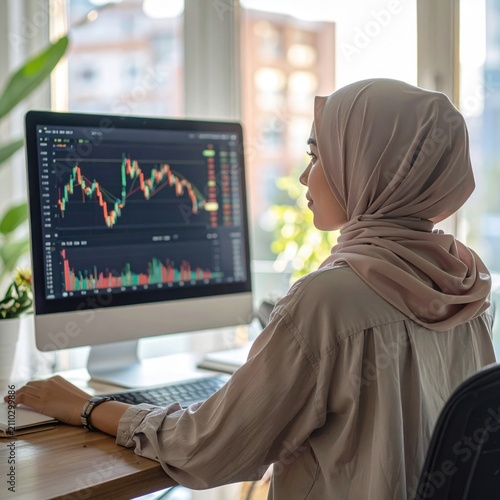 Young woman in hijab working at home office analyzing financial stock market charts, investment strategy, digital trading, economic analysis