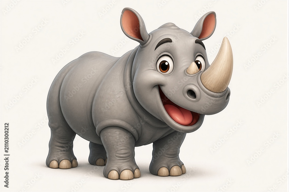 Fototapeta premium Baby rhinoceros smiling and standing on plain white background