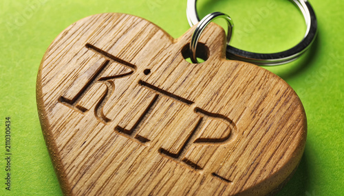 Memorial RIP Heart Wooden Pendant Close Up.