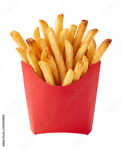 French fries in red container isolated on transparent background