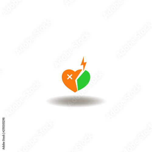 Vector illustration of broken heart with cross mark and lightning. Symbol of porphyria. Icon of heart diseases.