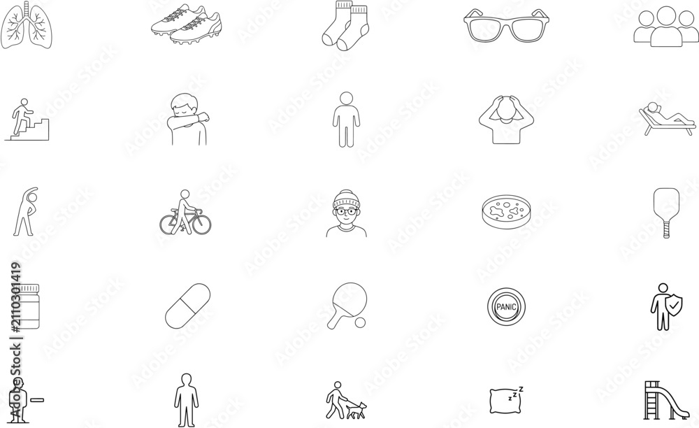 Fototapeta premium 25 Hand-Traced Vector Icon Collection Bundle – Clean Minimalist Line Art Set for Healthcare, Sports, Business, Fitness, Lifestyle, and Wellness Design Projects