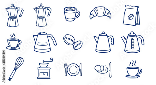 coffee and breakfast kitchen icons in a minimalist hand-drawn vector collection perfect for illustrating culinary concepts and menu designs.