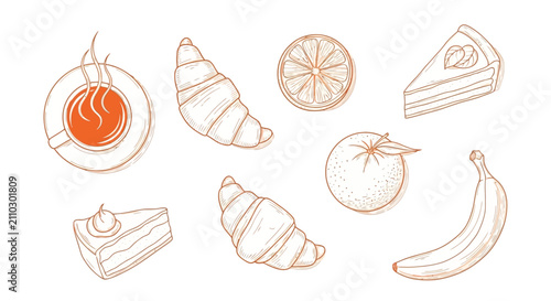 hand-drawn cafe doodles minimalist collection of breakfast food items like coffee croissants cake and fresh fruit.