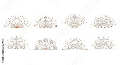 minimalist sunburst vector boho line art celestial design collection featuring abstract geometric logos and spiritual symbols.