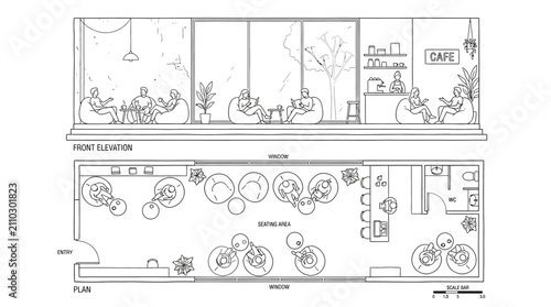 cafe interior architectural plan and elevation view of a modern coffee shop with comfortable seating and customers relaxing.